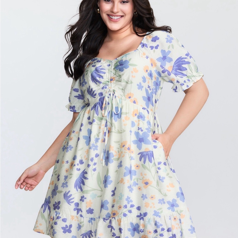 Floral Puff Sleeve Babydoll Dress in Lavender & Cream with pockets